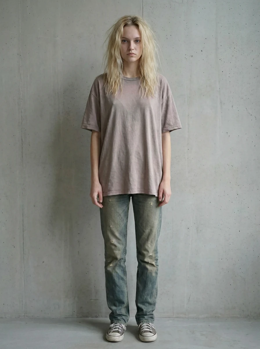 A full-body photo of a woman against a plain wall