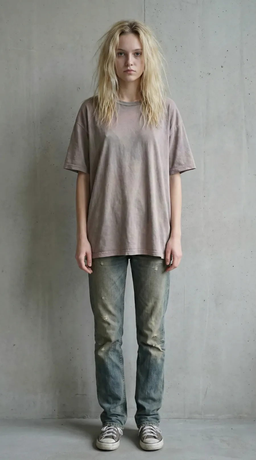 A full-body photo of a woman against a plain wall